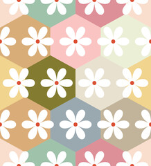 Abstract Geometric Hexagons Retro Daisy Flowers Pastel Colors Seamless Pattern Minimal Sweet Concept Perfect for Allover Fabric Print or Wrapping Paper 