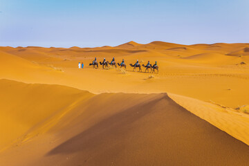 Camel caravan in Sahara desert Merzouga, Morocco - obrazy, fototapety, plakaty