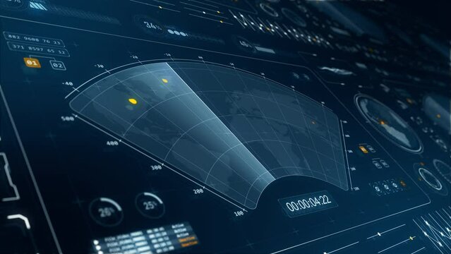 Motion graphic of 3D blue color sonar radar screen searching an object with futuristic head up display ( HUD UI ) technology interface screen and chat panel abstract background