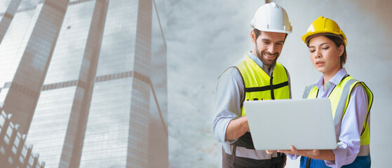 Architect caucasian man with colleagues mixed race at construction site. building construction...