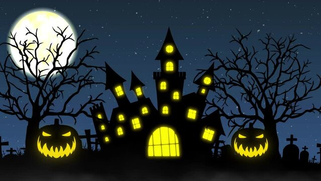Halloween background animation with the concept of Haunted Castle, Moon and Spooky Trees