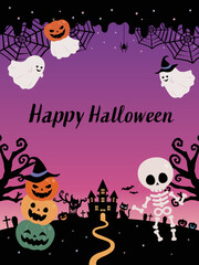 ハロウィン カボチャとオバケと骸骨のフレーム背景素材