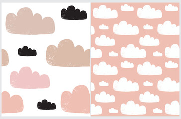 Seamlles Pattern with  Clouds. Simple Hand Drawn Baby Shower Vector Patterns with Grunge White and Pink Clouds. Cloudy Sky Print ideal for Fabric, Textile, Wrapping Paper. Baby Girl Party.