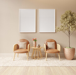 Mock up frame style bohemian living room interior background,beige tone with warm atmosphere.3d rendering