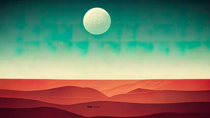 Minimal flat vintage planet. Wallpaper of a sci-fi moon or sun or planet in space. Orange planet similar to mars. 4K background. Science fiction, futurstic abstract cartoon illustration.