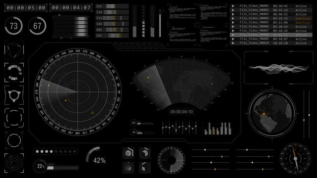 Motion graphic of Sonar radar screen searching an object with futuristic head up display ( HUD UI ) technology interface screen and chat panel abstract background Alpha channel included