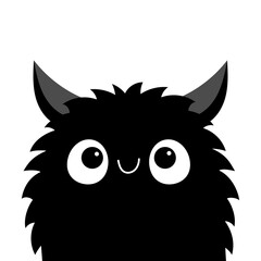 Fluffy monster black head face silhouette. Happy Halloween. Cute Funny Kawaii cartoon baby character. Eyes, teeth, horn ears. Smiling face. Sticker print. Boo. Flat design. White background.