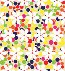 Retro Simple Daisy Flowers on Colorful Dots Background Trendy Fashion Colors Seamless Pattern Vector Minimal Simple Design