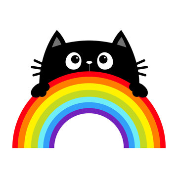 Black cat holding rainbow. Peeking kitten. Cute cartoon character. Valentines Day. Kawaii animal. Love Greeting card. LGBT flag color sign symbol. Sticker print. Flat design. White background.