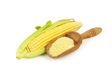 Corn flour in wooden spoon with fresh corn cobs isolated on white background