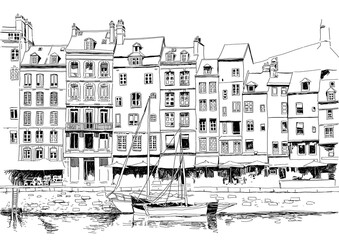 Drawing bay of Honfleur. Hand drawn illustration. Suitable for print, postcard, sketchbook cover.	 - obrazy, fototapety, plakaty