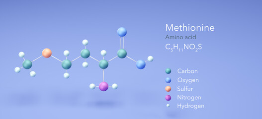 Methionine, Amino acid, molecular structures, 3d rendering, Structural Chemical Formula and Atoms with Color Coding