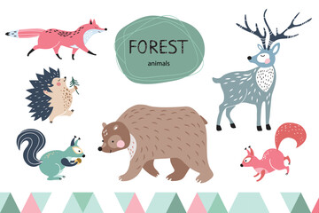 Set of cute cartoon forest animals. Deer, fox, bear, squirrel and hedgehog.