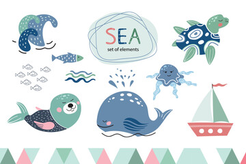 Set of cute cartoon nautical illustrations. Whale, fur seal, turtle, ship, waves, jellyfish and fish.