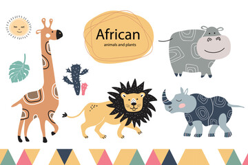 Set of cute cartoon African animals. Giraffe, lion, rhinoceros, hippopotamus.