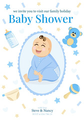 Cute little boy. Baby shower invitation. Diaper, bottle, teddy bear and rattle.