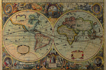 Fototapeta na wymiar Ancient world map made by H. Hondius dated 1630. The map is in public domain. 3D render illustration.