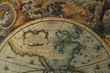 Fototapeta na wymiar Ancient world map made by H. Hondius dated 1630. The map is in public domain. 3D render illustration.