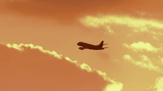 Commercial aircraft flying at sunset. Long shot of an airliner taking off gaining altitude. Cinematic footage of a jet plane in the sunset sky