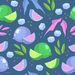 Vector colorful pattern stylized lime and ice cubes on a dark background