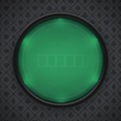 Poker table with round textured leather frame on a dark background. Frame with illuminated border, green firm cloth. Top view. Eps10 vector - obrazy, fototapety, plakaty