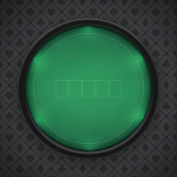 Poker table with round textured leather frame on a dark background. Frame with illuminated border, green firm cloth. Top view. Eps10 vector