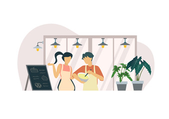 Business owners cartoon diverse people work in the family business. Collection of owners and customers with a small shop, guest house, cafe, store facades, and services.