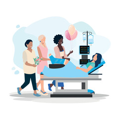 Friends came to visit their friend in the hospital. Patient and visitors. Joy and positive from meeting with close friends. Vector illustration in flat style. Thank you doctors and nurses.