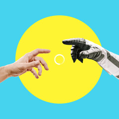 Digital collage of contemporary art. Helping and saving hand with a download badge. Astronaut reaching out to man on yellow circle and blue background. God and humanity. Artificial intelligence © alones