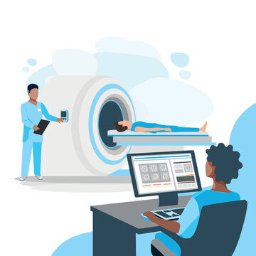 Vector illustration of a patient undergoing MRI diagnostics in a medical center. Magnetic resonance imaging. Modern medical technologies.