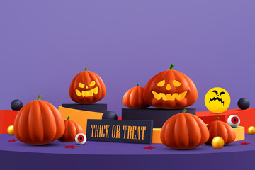 halloween background. colorful podium on stage with red and purple platform. stage to show product. stage on pedestal modern 3d studio