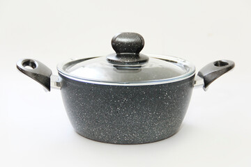 grey pots with teflon coating and glass lids on a white background