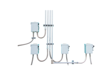 Breaker small and power button to distribute electricity supply with metal flex pipe. With screws, nuts, wall mounting blue safety concept. Electrical cable system installation. Good manager network.