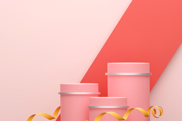 pink podium minimal on stage with sweet red platform. stage to show cosmetic and beverage product....