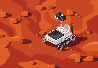 Vector illustration of a futuristic rover in the style of isometry on the Martian surface, a robot explorer on Mars