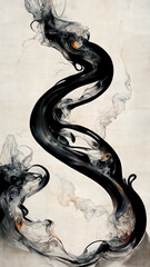 Surreal snake or dragon and smoke spiral blending together, abstract background illustration, golden ratio and Yin Yang
