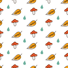Autumn weather seamless pattern. Fly agaric, leaf and raindrop hand drawn.