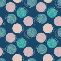 Seamless background of polka dots and exotic fish. Sketch on a blue background. Hand-drawn vector style