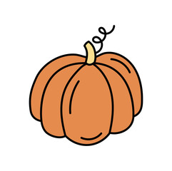 Doodle pumpkin isolated. Colored outline orange vegetable. Symbol of autumn harvest and Halloween. Vector illustration of hand drawn pumpkin