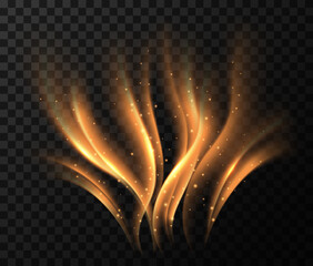 Air golden waves. Magic light effect. Vector shimmering swirl lines