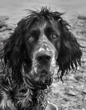 english cocker spaniel black and white looking at camera