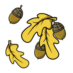 A set of colored icons, yellow oak leaves and ripe acorns, vector cartoon