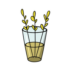 Simple twigs with autumn leaves in a tall glass vase, vector cartoon