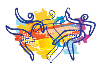  Lively dancing people, folk dance.
 Expressive, line art stylized illustrations of three dancing people on colorful abstract background. Vector available.