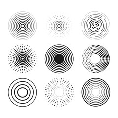 Identification process. Abstract background. Black rings sound wave and line with points in a circle. Sound wave wallpaper. Radio station signal. Circle spin vector set.