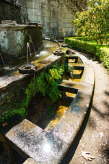 Part of an old abandoned stone fountain with small trickles of water, overgrown with grass, moss and mold