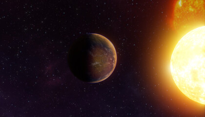 Fototapeta na wymiar Ein Exoplanet, der fast verbrannt wird, weil er seinem Heimatstern sehr nahe gekommen ist.