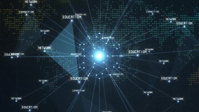 Digital global network and data connections concept. Communication technology global world network with world connections light lines. Spinning futuristic earth looping animation.