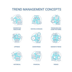 Trend management turquoise concept icons set. Tendencies analysing process. Strategy idea thin line color illustrations. Isolated symbols. Editable stroke. Roboto-Medium, Myriad Pro-Bold fonts used