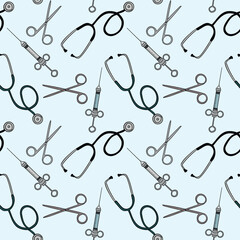 Medical tools, seamless pattern. Hand drawn icon set vector. Sketch objects background. Blue and white backdrop. Good for a printing and web materials, medical clinic.